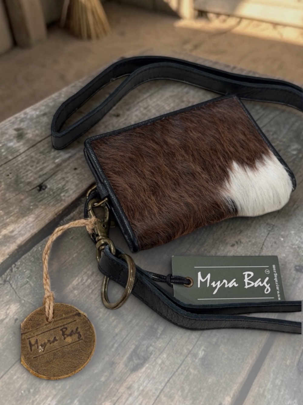 Myra Bag Brown & White Hair-on Hide Crossbody Card Case with Black Trim